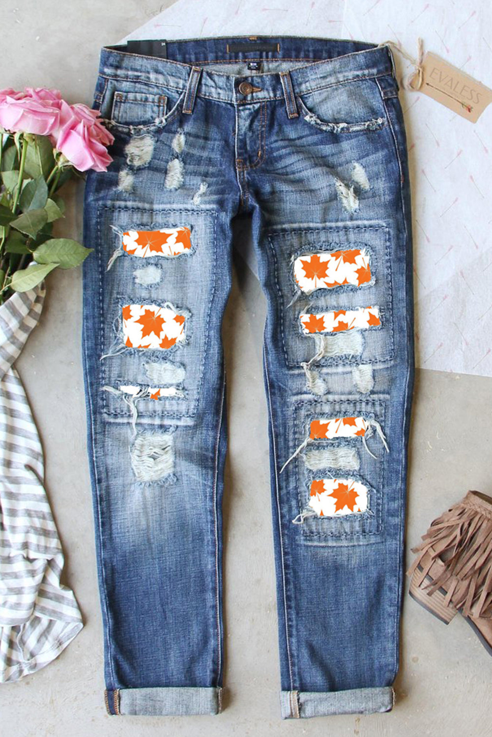 Maple Leaf Print Button Pockets Ripped Jeans-Move Position