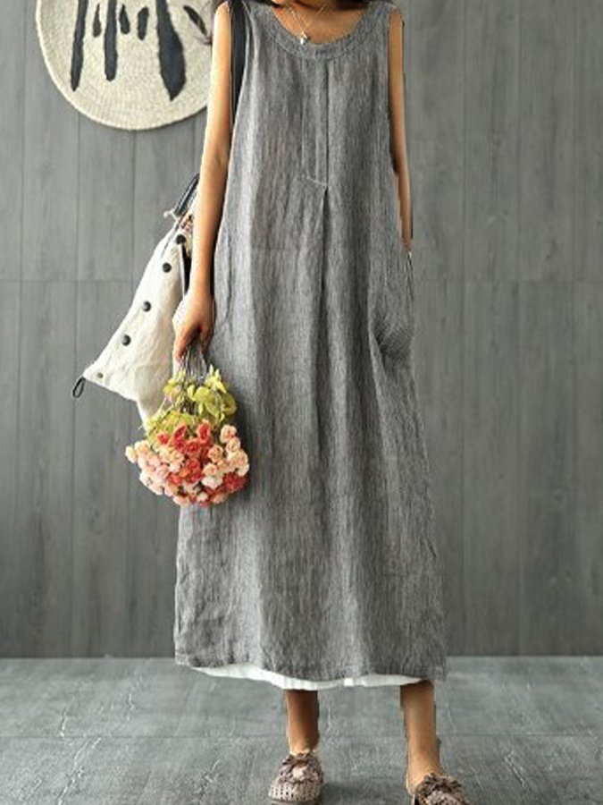 Women's Solid Color Round Neck Loose Sleeveless Cotton Linen Dress-Move Position
