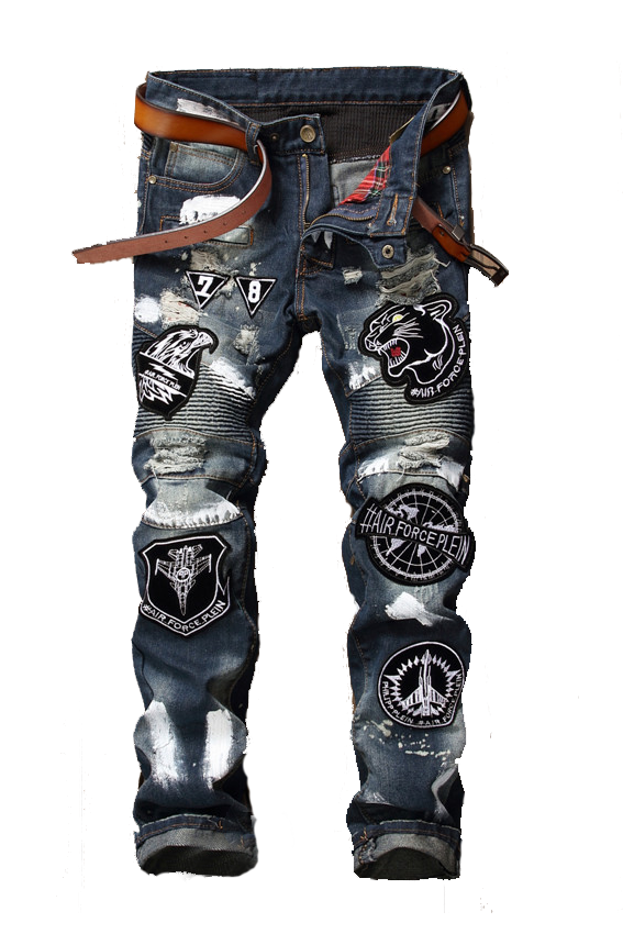 Patchwork Embroidered Tiger Head Straight Men's Jeans-Move Position