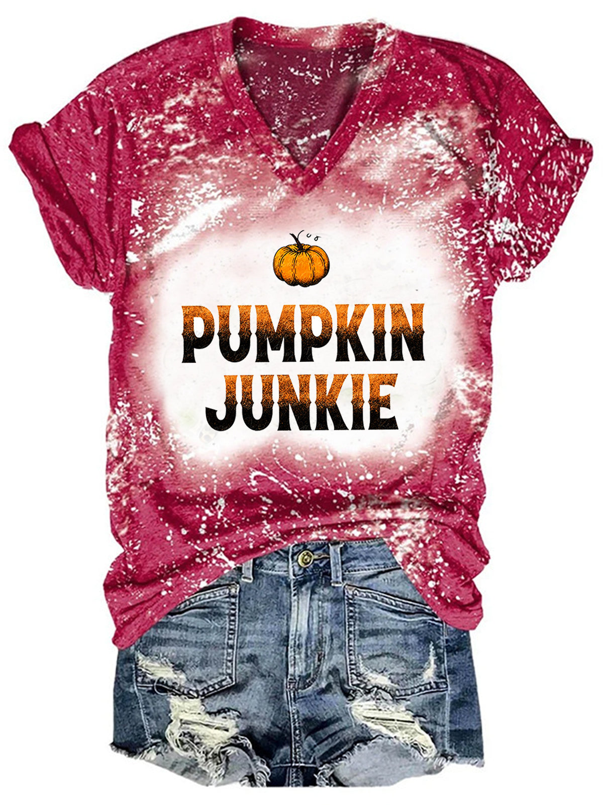 Pumpkin Junkie Print V-Neck Tie Dye Shirt-Move Position