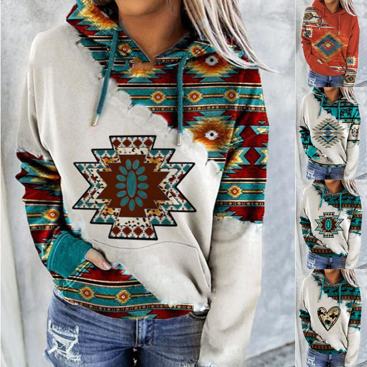 Graphic Aztec Rhombus Printed Casual Hoodie-Move Position