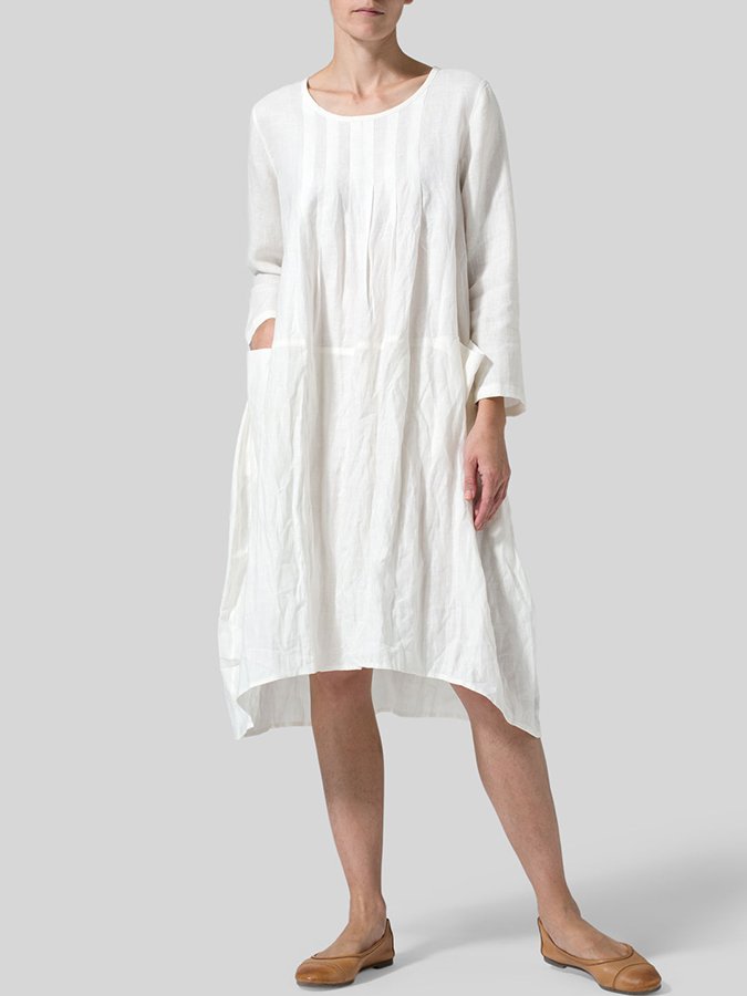 Women's Linen Pleated Pocket Dress-Move Position