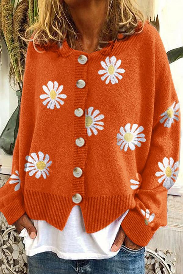 Moveposition™ Round Neck Floral Embroidery Knitted Sweater Cardigan