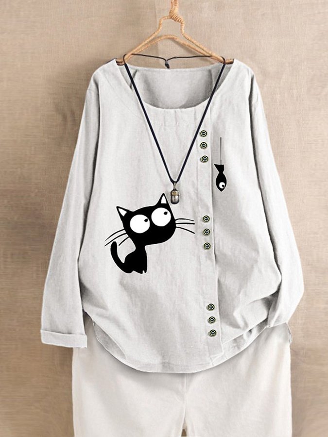 Cat Print Cotton And Linen Shirt-Move Position