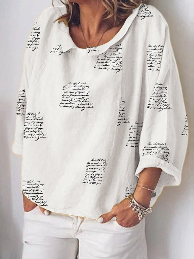 Women's Cotton Linen O-Neck Letter Print Shirt-Move Position