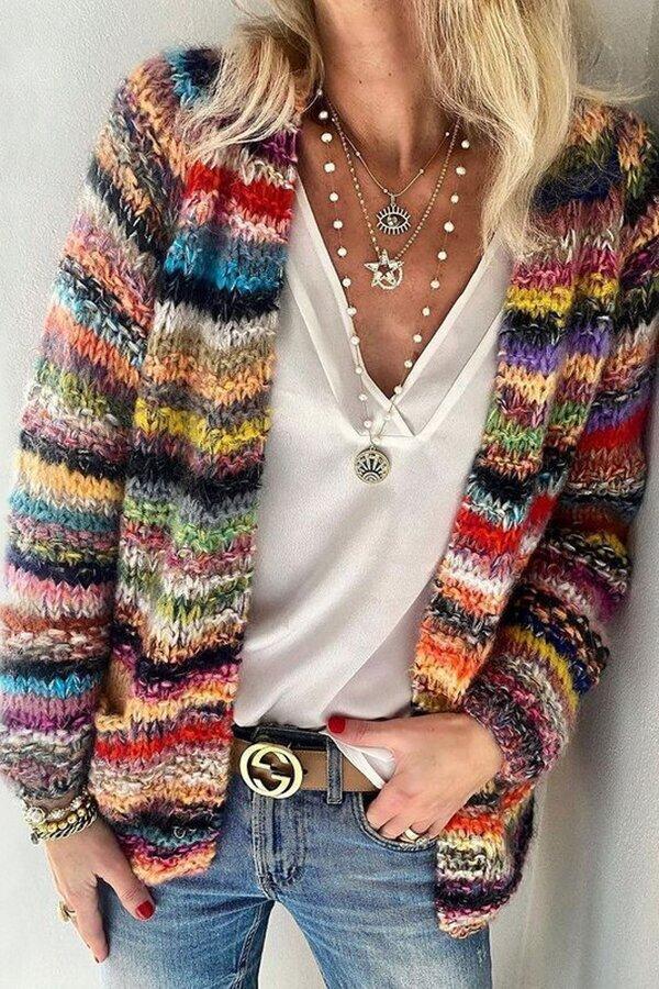 Colorful Striped Collarless Long Sleeve Mohair Cardigan-Move Position
