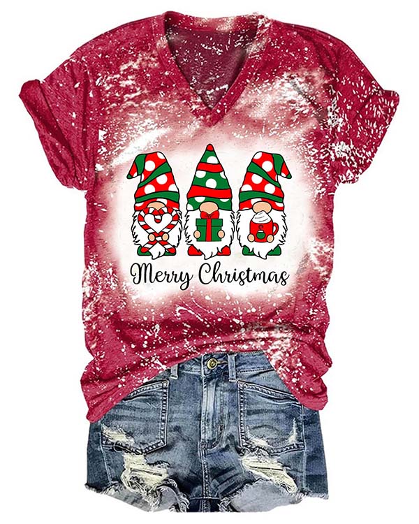 Moveposition™ Merry Christmas Wave Point Gnomes Print T-shirt-Move Position
