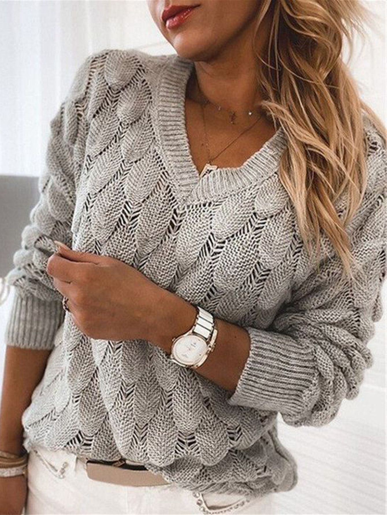 Winter New Sweater Knitted Feather Hollow V-neck Long Sleeve Sweater-Move Position