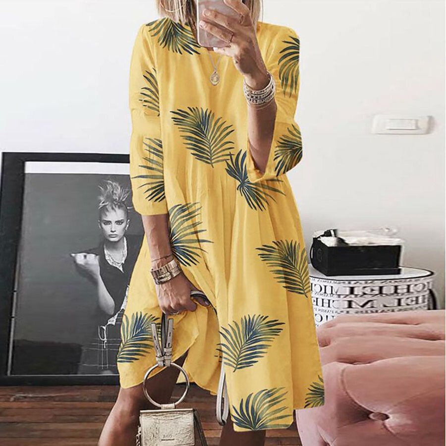Loose Casual Cotton And Linen Tree Leaf Print Dress-Move Position
