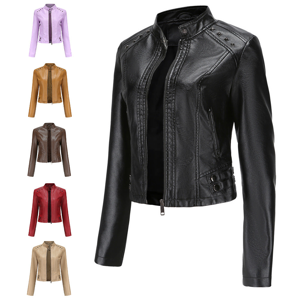 Cropped riveted leather motorcycle jacket-Move Position