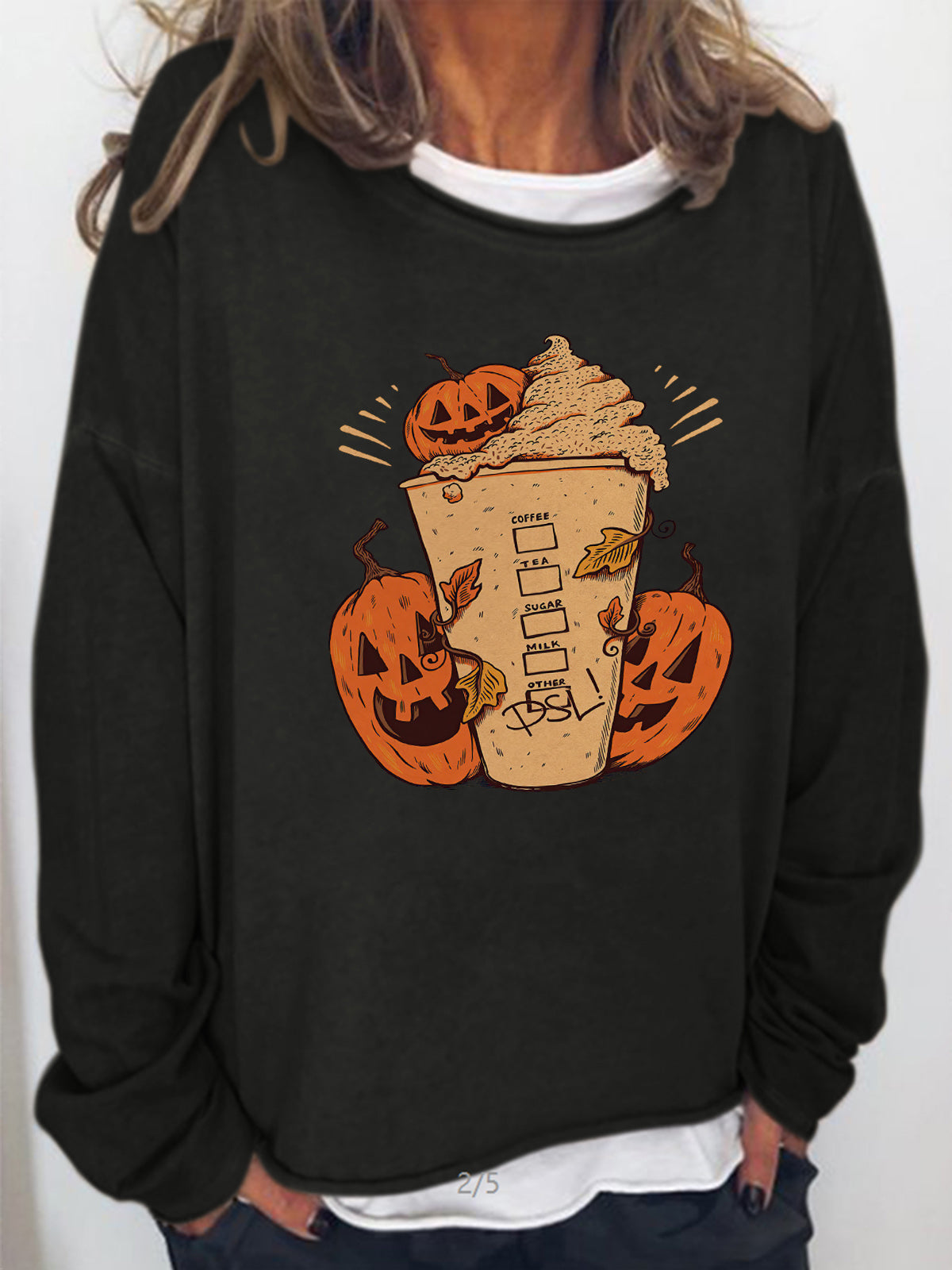 Halloween Pumpkin Coffee Funny Long Sleeve Blouse-Move Position