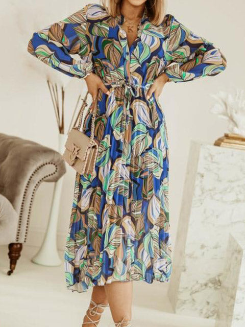 Floral V-neck Pleated Maxi Dress-Move Position
