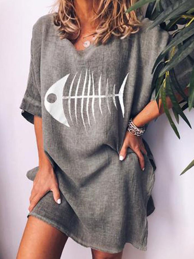 Casual Printed Cotton And Linen Dress-Move Position