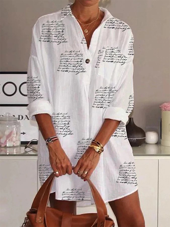 Women's Cotton Linen Alphabet Print Casual Shirt Dress-Move Position