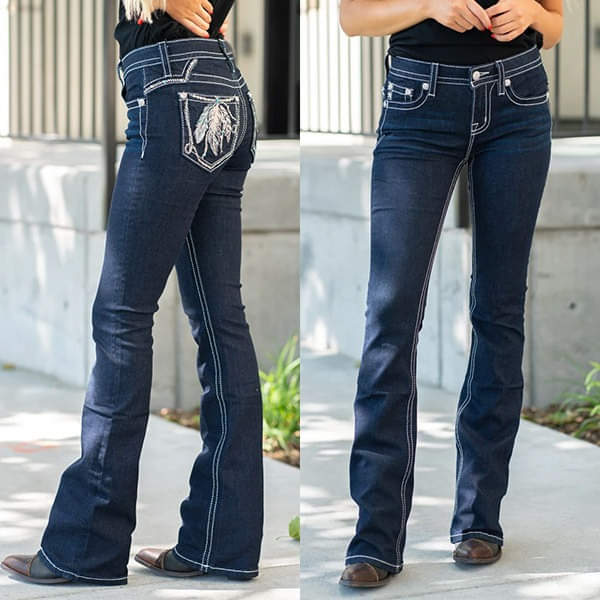 Feather Embroidery Mid Waist Stretchy Jeans-Move Position