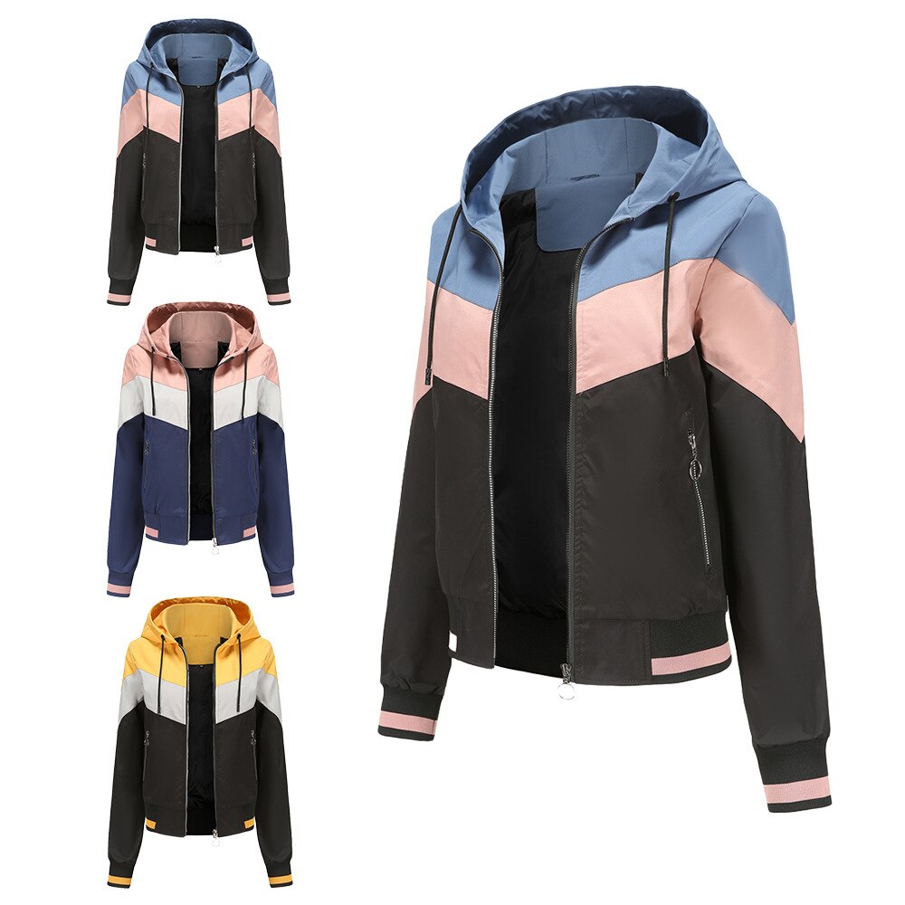Women Color Block Drawstring Hooded Jacket -Move Position