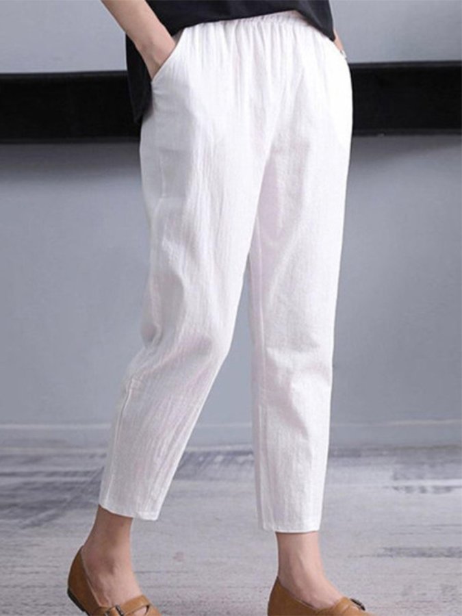 Women's Solid Color Cotton Linen Comfortable Casual Pants-Move Position