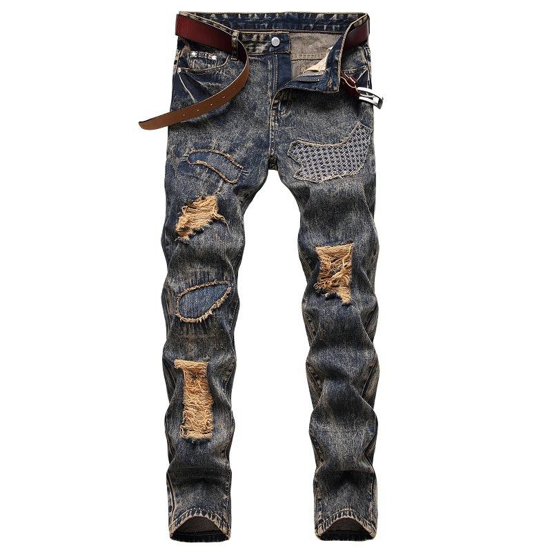 Patched Hole Personalized Nostalgic Jeans-Move Position