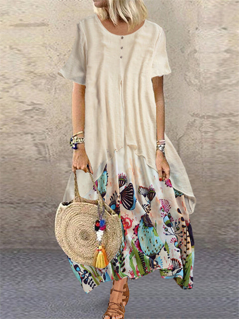 Buttons Up Print Maxi Dress-Move Position