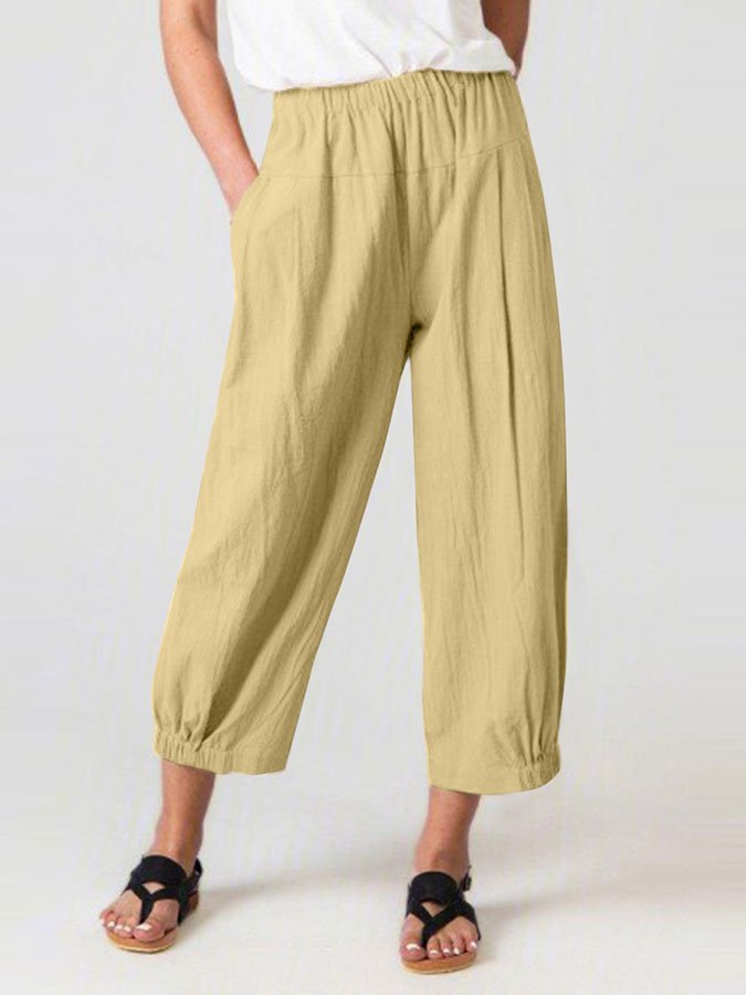 Solid Color Pocket Cotton Linen Casual Pants-Move Position