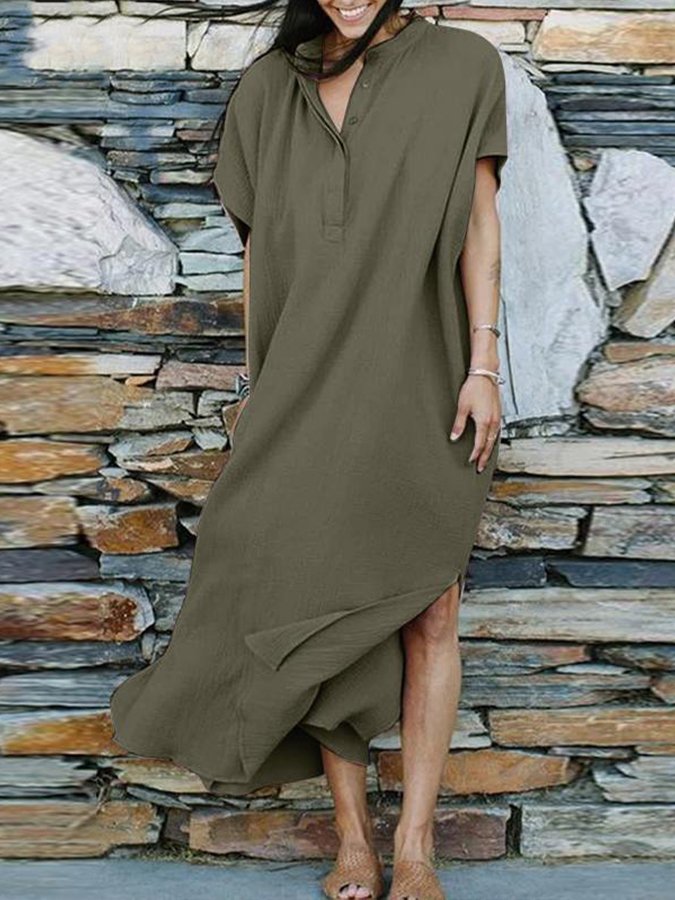 Women's V-Neck Short Sleeve Cotton Linen Dress-Move Position