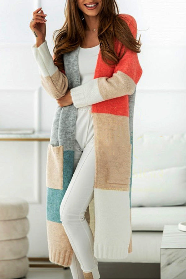 Multi-length Colorblock Side Pocketed Belt Knit Cardigan-Move Position