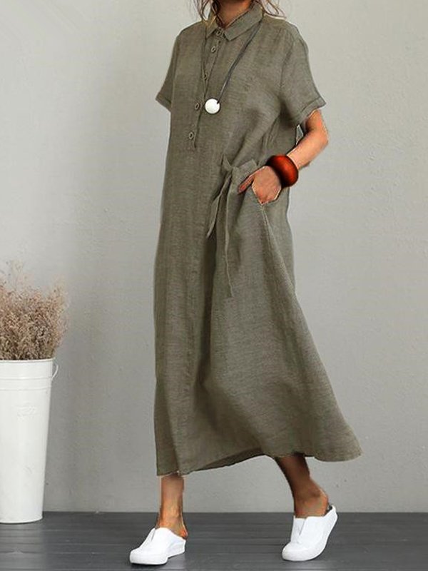 Women's Solid Cotton Linen Lapel Short Sleeve Loose Long Dress-Move Position