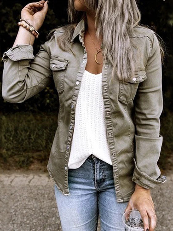 Relaxed Button Lapel Denim Jacket-Move Position