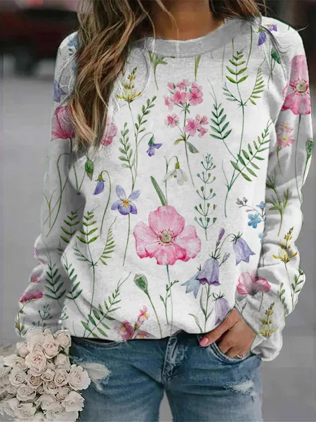 Floral Crew Neck Long Sleeves Sweatshirts-Move Position