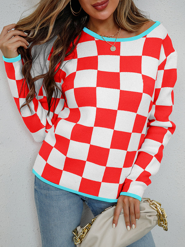 Knit Cropped Pullover Plaid Sweater-Move Position
