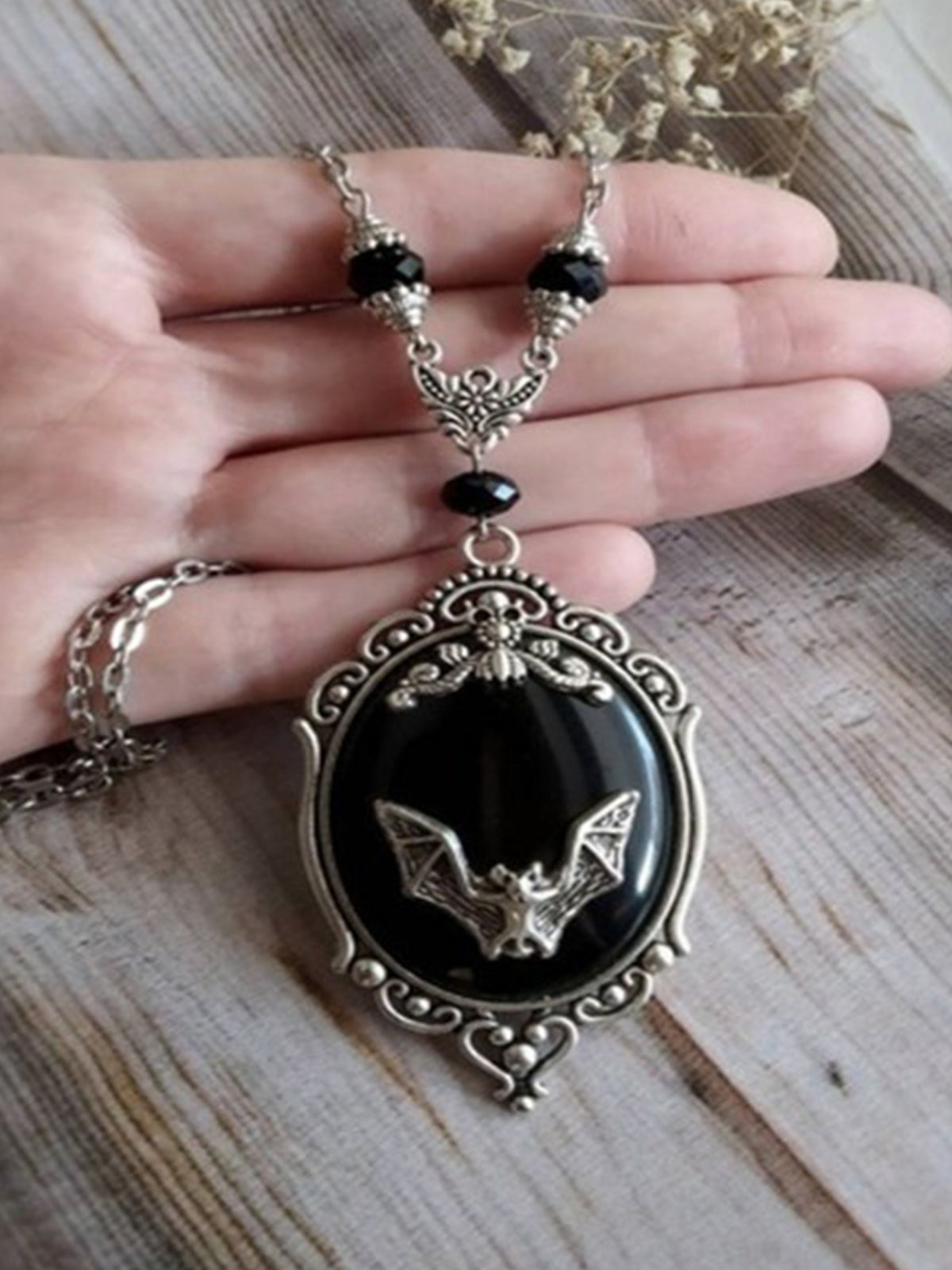 Halloween Bat Black Gemstone Necklace Earrings Ring Jewelry-Move Position