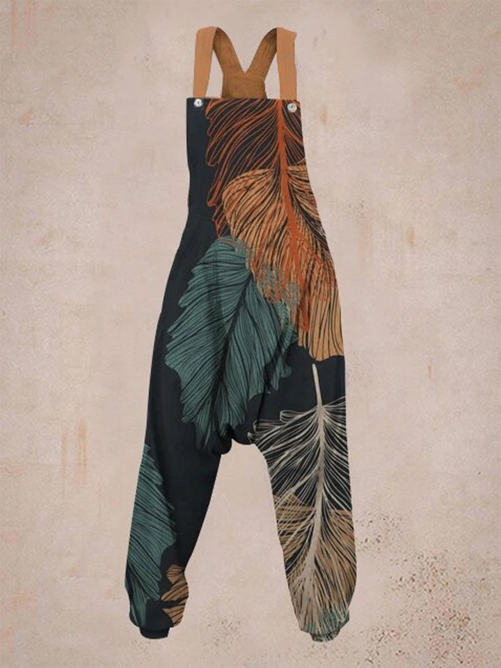 Women's Leaf Print Sleeveless Harem Jumpsuit-Move Position