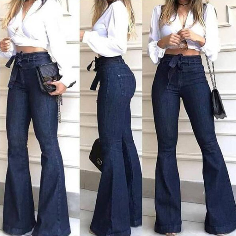 Tie Waist Butt Lifting Flare Jeans-Move Position