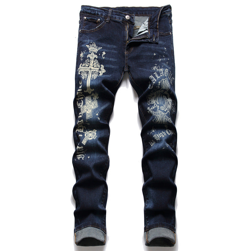 Printed Blue Straight Micro Stretch Trend Men's Jeans-Move Position
