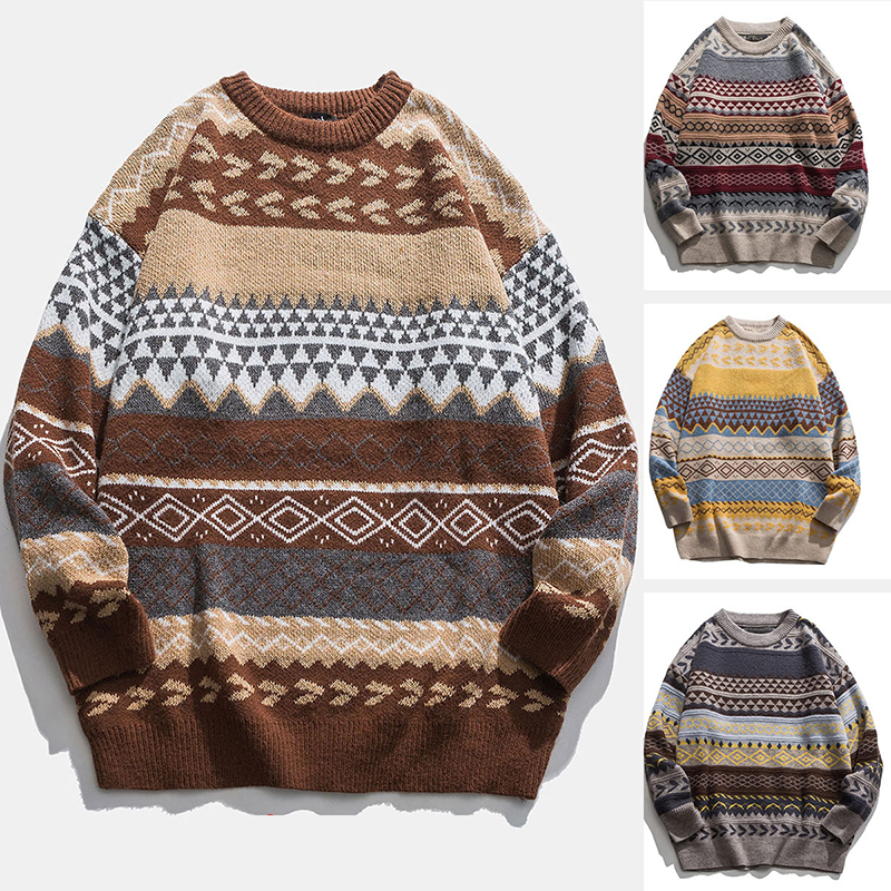 Moveposition™ Colorblock Knit Crew Neck Vintage Striped Knit Sweater-Move Position