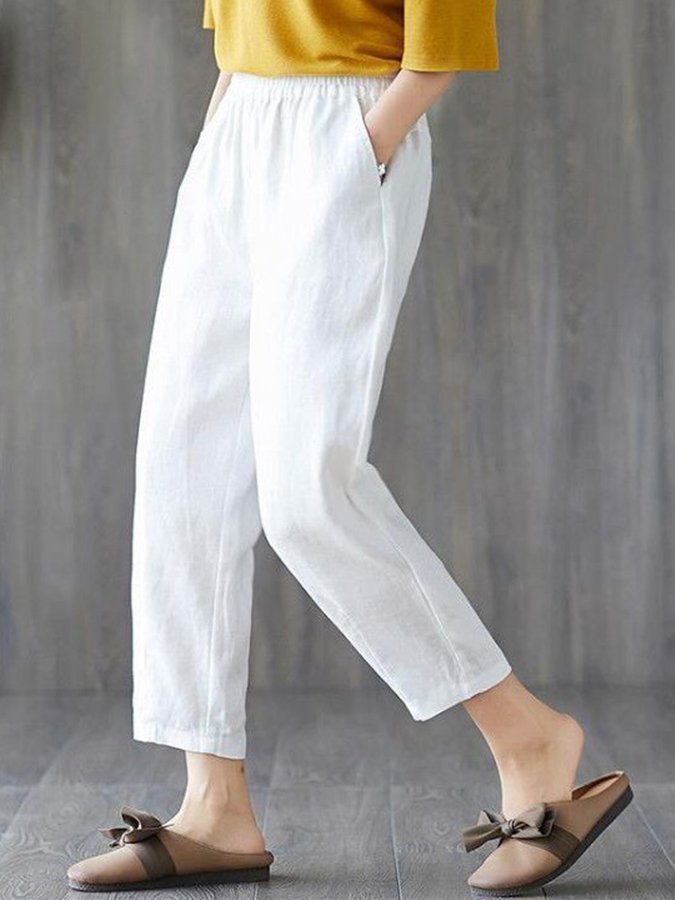 Ladies cotton linen high waist slim casual harem pants-Move Position