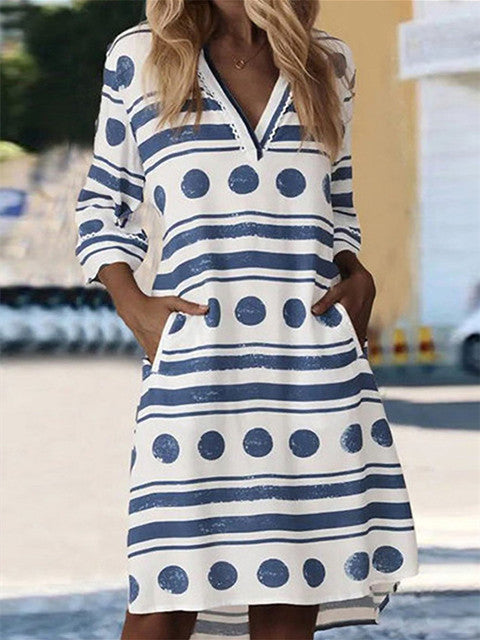 Dot Stripes Print V-neck Dress With Pockets-Move Position