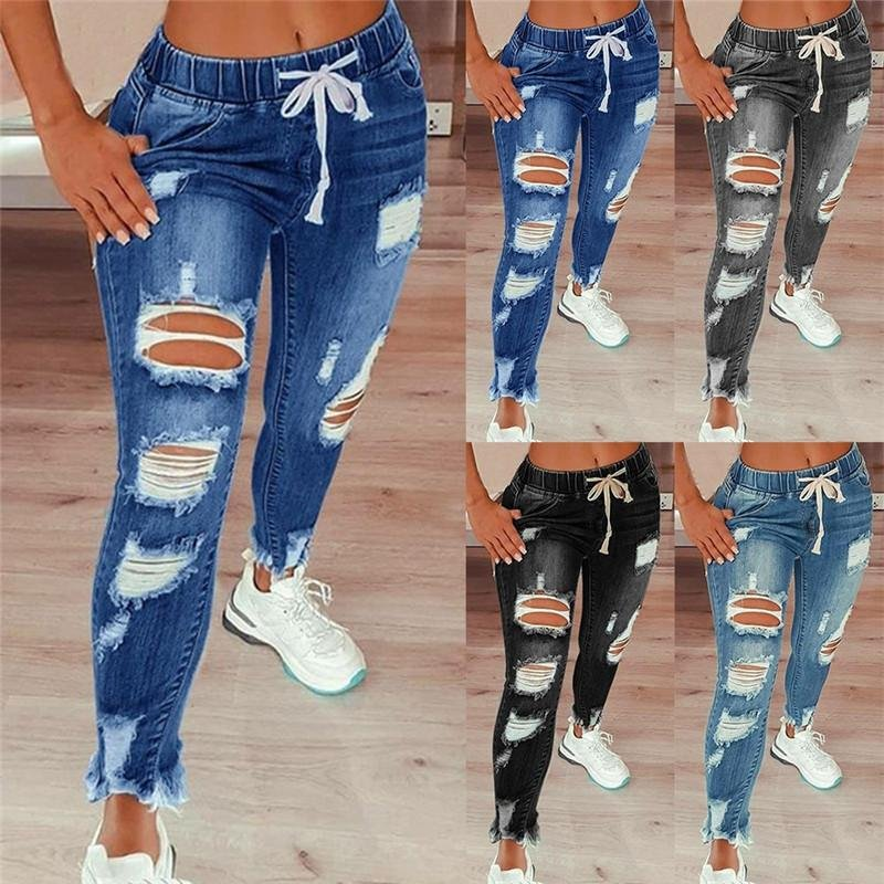 Women Ripped Hole Stretch Slim Pencil Jeans-Move Position