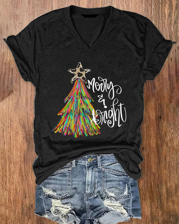 Moveposition™ Women's Christmas Tree Merry And Bright Print V-Neck T-Shirt-Move Position