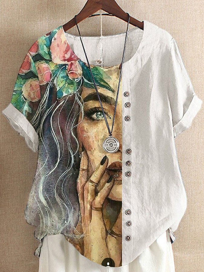 Fashion Abstract Floral Short Sleeve Top-Move Position