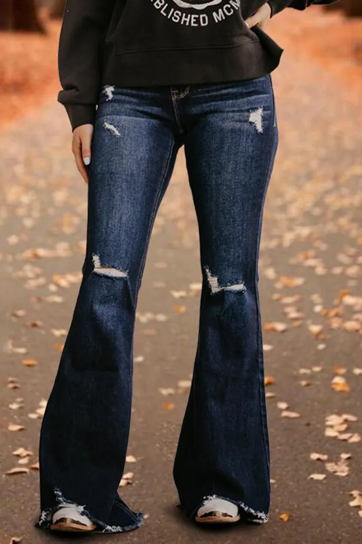 Raw Hem Ripped High Rise Flare Jeans-Move Position
