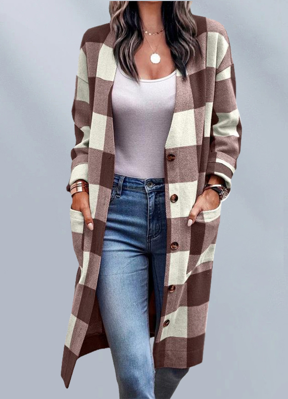 Mveposition™ Loose Check Button Pocket Jacket Cardigan Coat-Move Position
