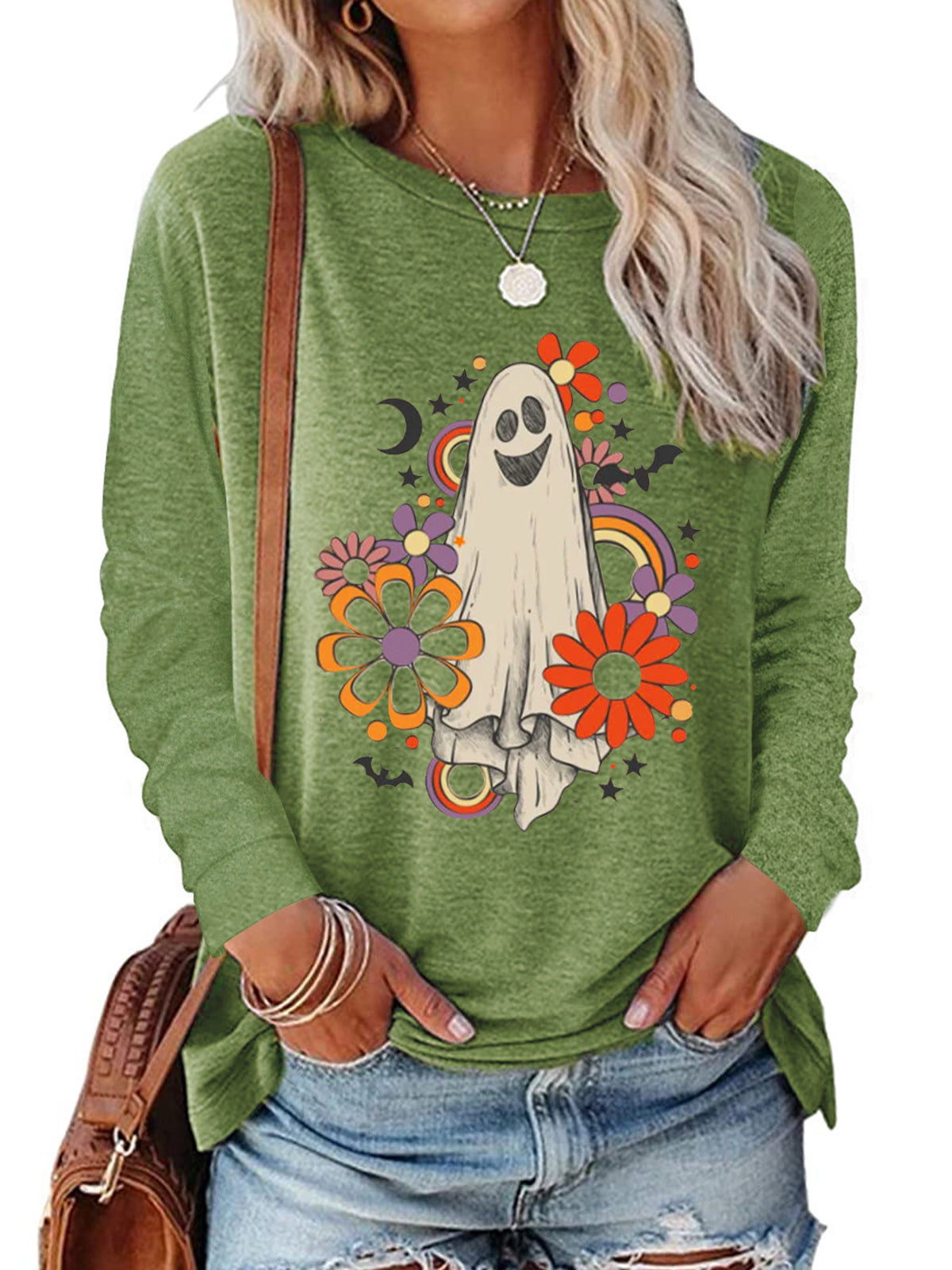 Halloween Floral boho Ghost Sweatshirt-Move Position