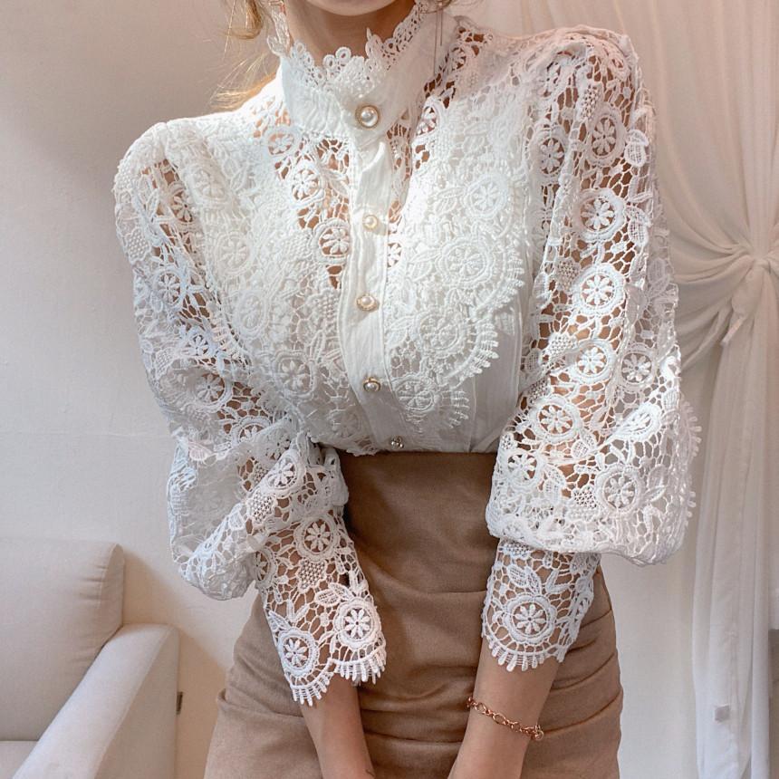 Hollow Lace Pearl Button Up Blouse-Move Position