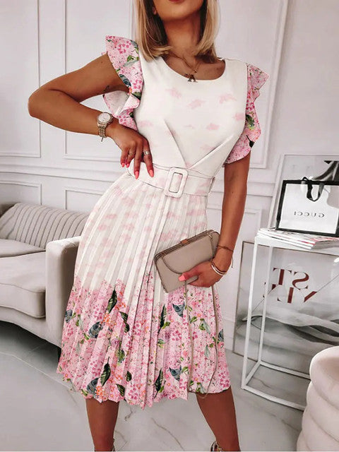 Floral Print Pleated Dress With Belt-Move Position