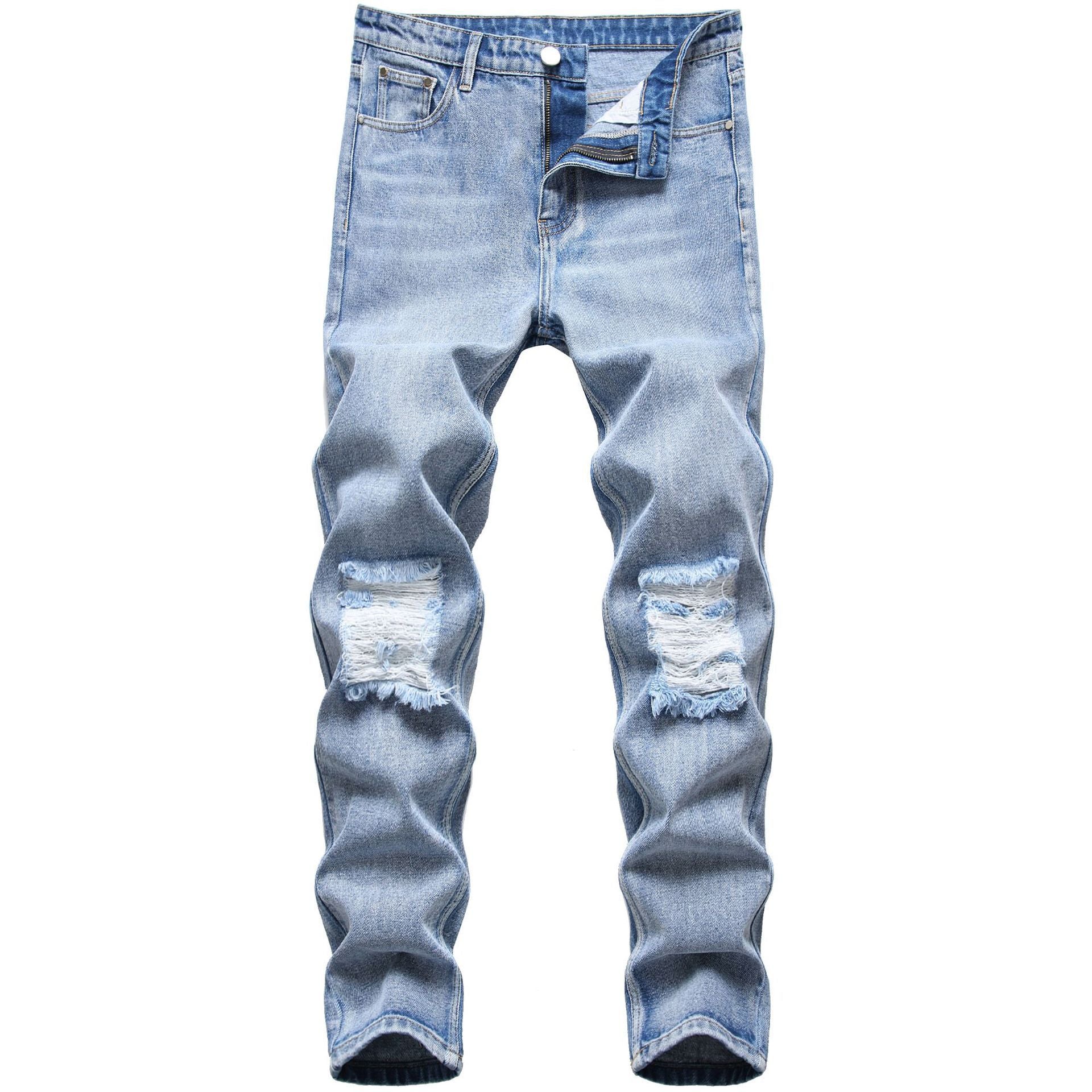 Jeans hole straight men's pants light blue-Move Position