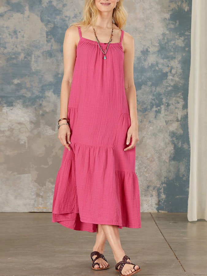 Solid Color Cotton Linen Sleeveless Dress-Move Position
