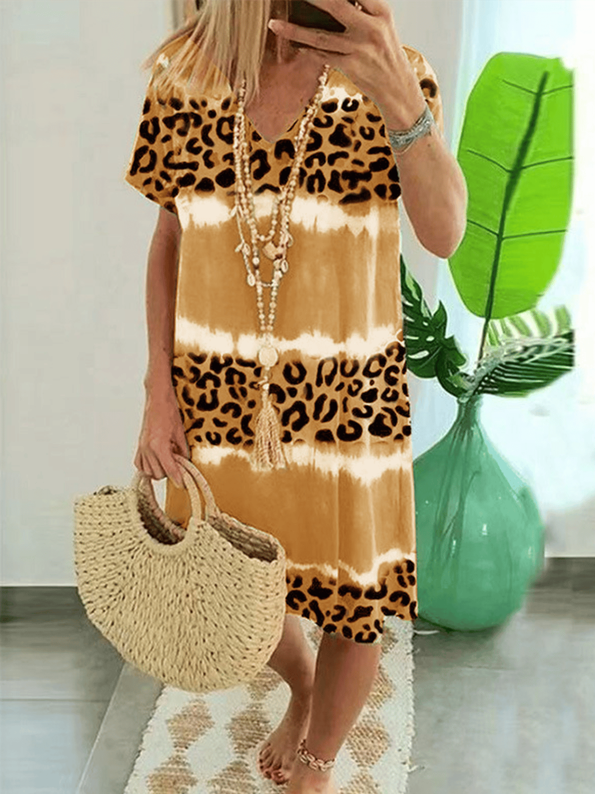 Women's Tie Dye Leopard Print Dress-Move Position