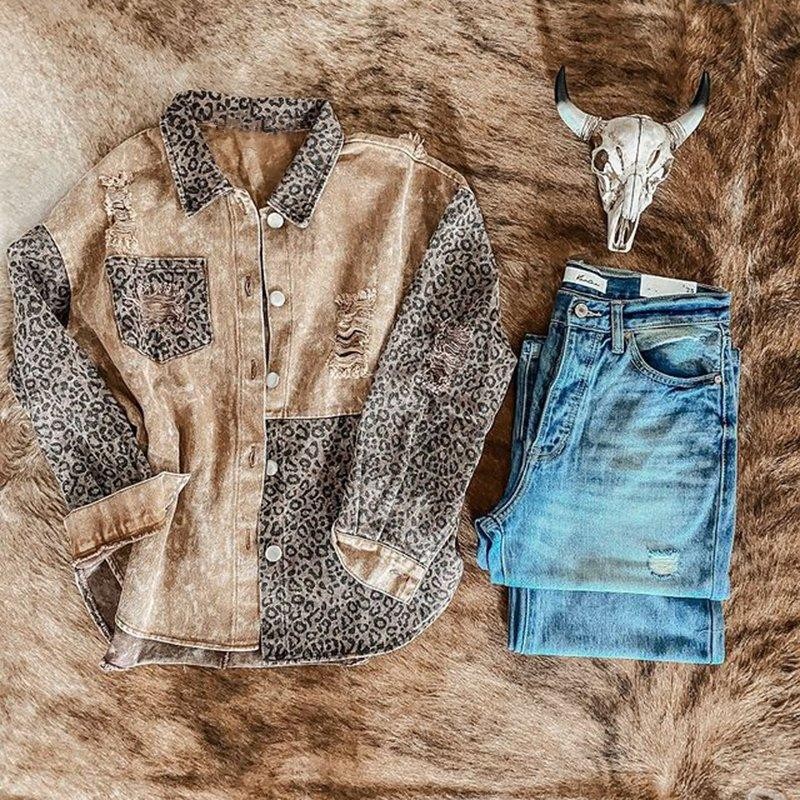 Moveposition™ Leopard Print Panelled Ripped Denim Jacket-Move Position