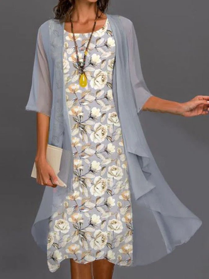 Elegant Two Piece Chiffon Print Dress-Move Position